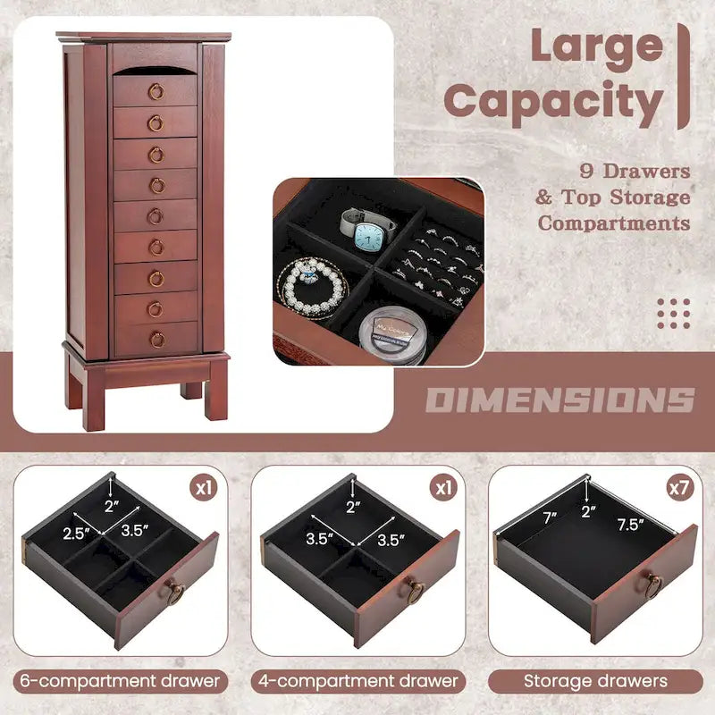 Wood Jewelry Cabinet Armoire Storage Box Chest Stand Organizer - 10.5 X16 X40
