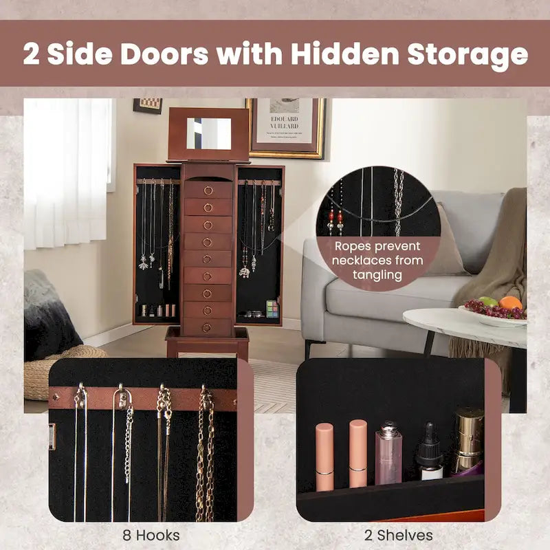 Wood Jewelry Cabinet Armoire Storage Box Chest Stand Organizer - 10.5 X16 X40
