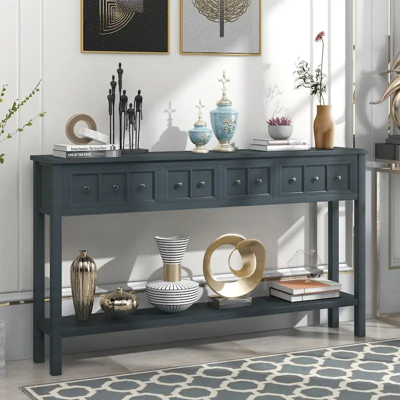 Farmhouse Entryway Table, Sofa Console Table W/4 Drawers, Bottom Shelf, Solid Wood Legs Narrow Sofa Tables For Entrance