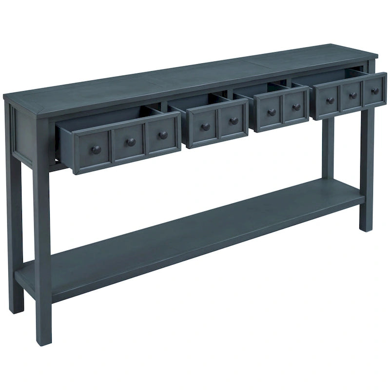 Farmhouse Entryway Table, Sofa Console Table W/4 Drawers, Bottom Shelf, Solid Wood Legs Narrow Sofa Tables For Entrance