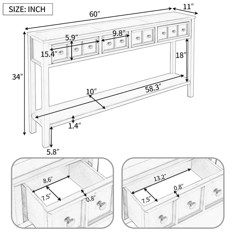 Farmhouse Entryway Table, Sofa Console Table W/4 Drawers, Bottom Shelf, Solid Wood Legs Narrow Sofa Tables For Entrance
