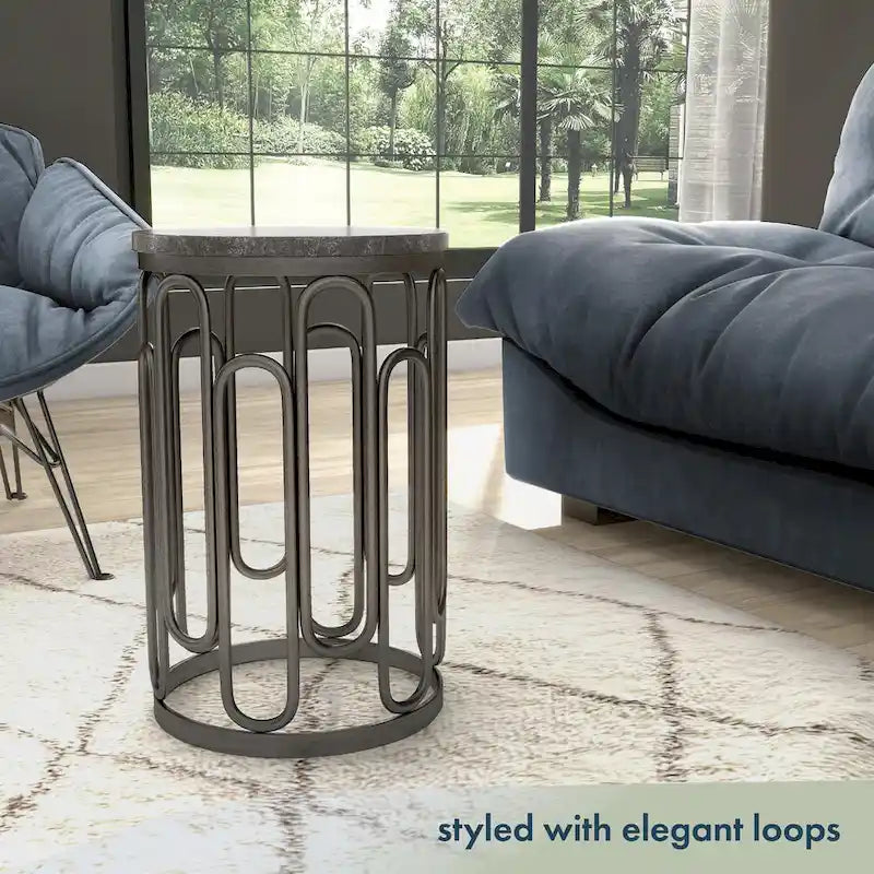 Modern Round Small End Table with Marble Top, Sturdy Decorative Metal Base