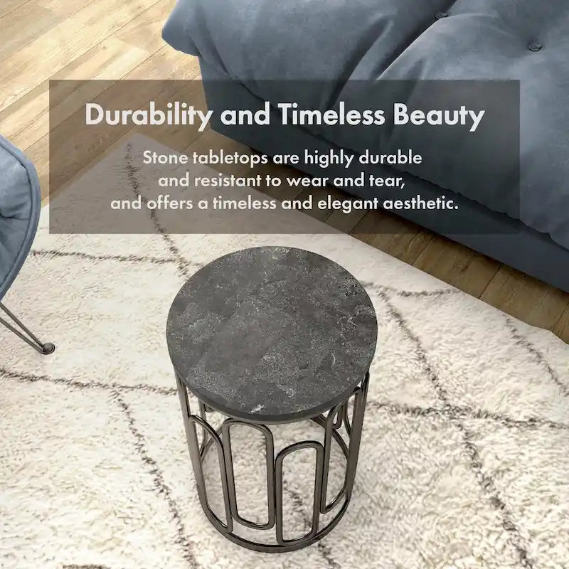 Modern Round Small End Table with Marble Top, Sturdy Decorative Metal Base