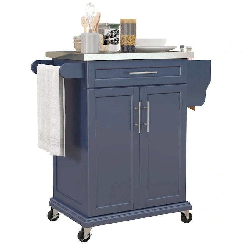 Kitchen Island on Wheels, Rolling Kitchen Cart with Stainless Steel Countertop, Drawer, Gray