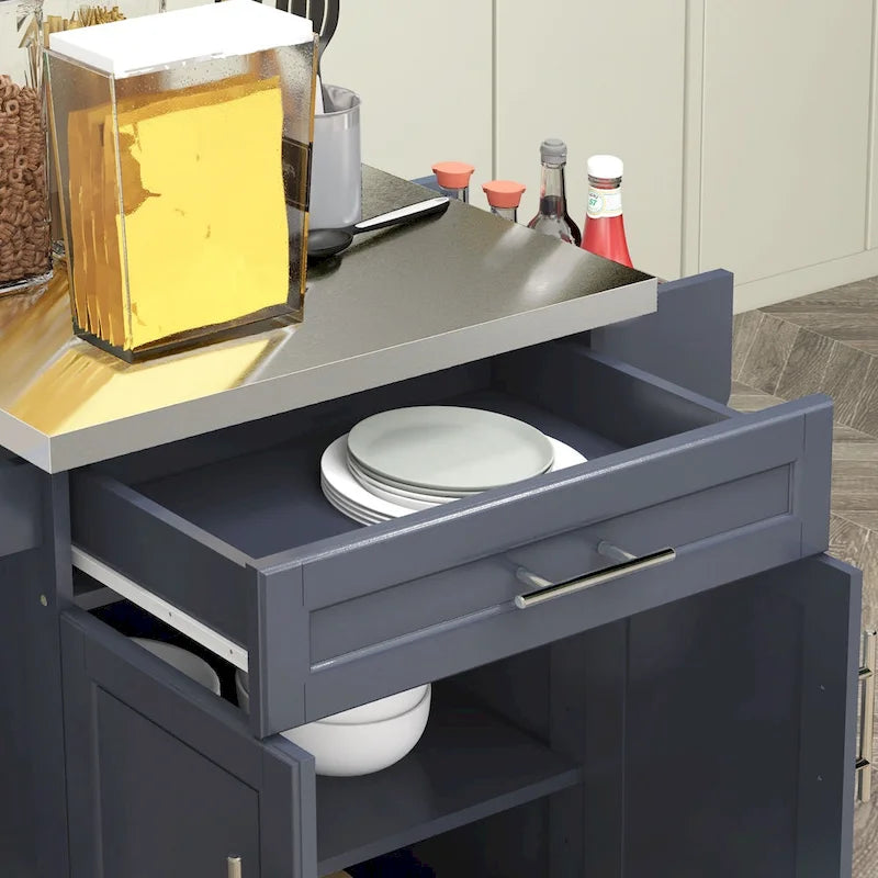 Kitchen Island on Wheels, Rolling Kitchen Cart with Stainless Steel Countertop, Drawer, Gray