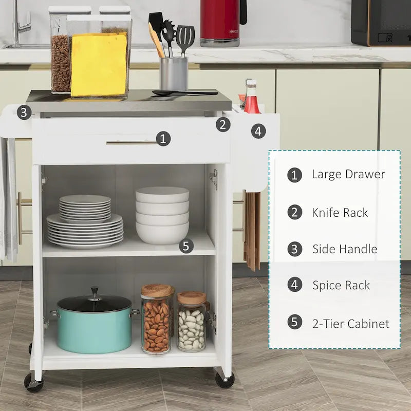 Kitchen Island on Wheels, Rolling Kitchen Cart with Stainless Steel Countertop, Drawer, Gray