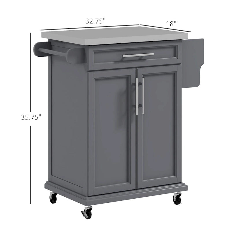 Kitchen Island on Wheels, Rolling Kitchen Cart with Stainless Steel Countertop, Drawer, Gray
