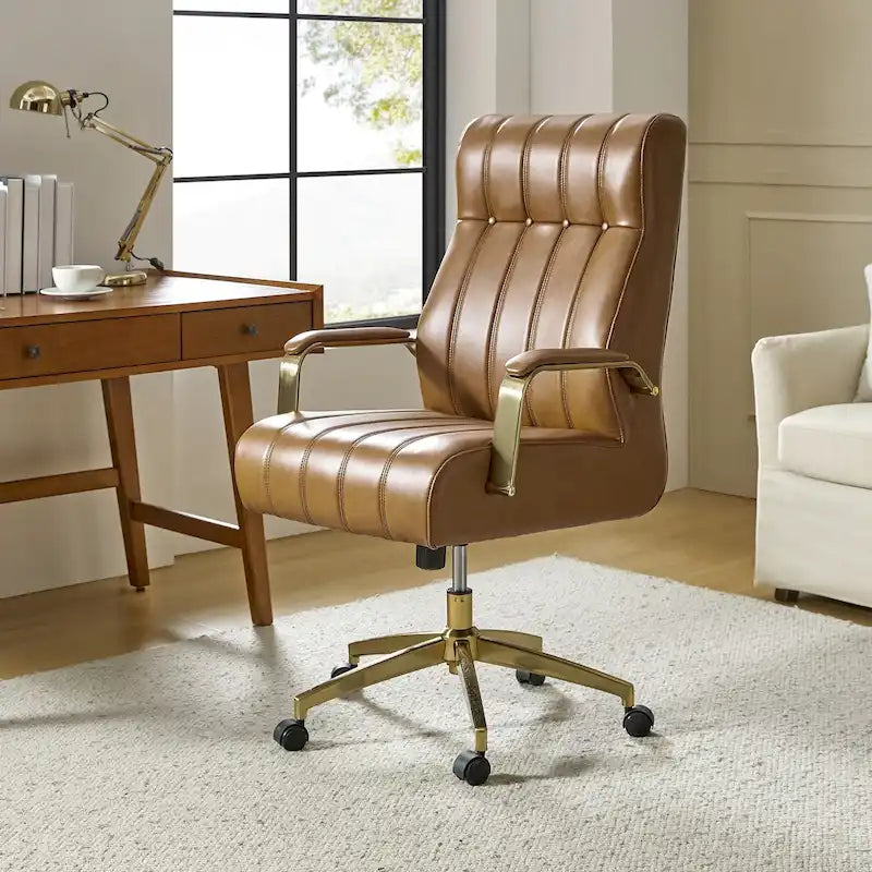 Mid-Century Modern Vegan Leather Swivel Tilting Office Chair with Channel Tufted and Metal Feet