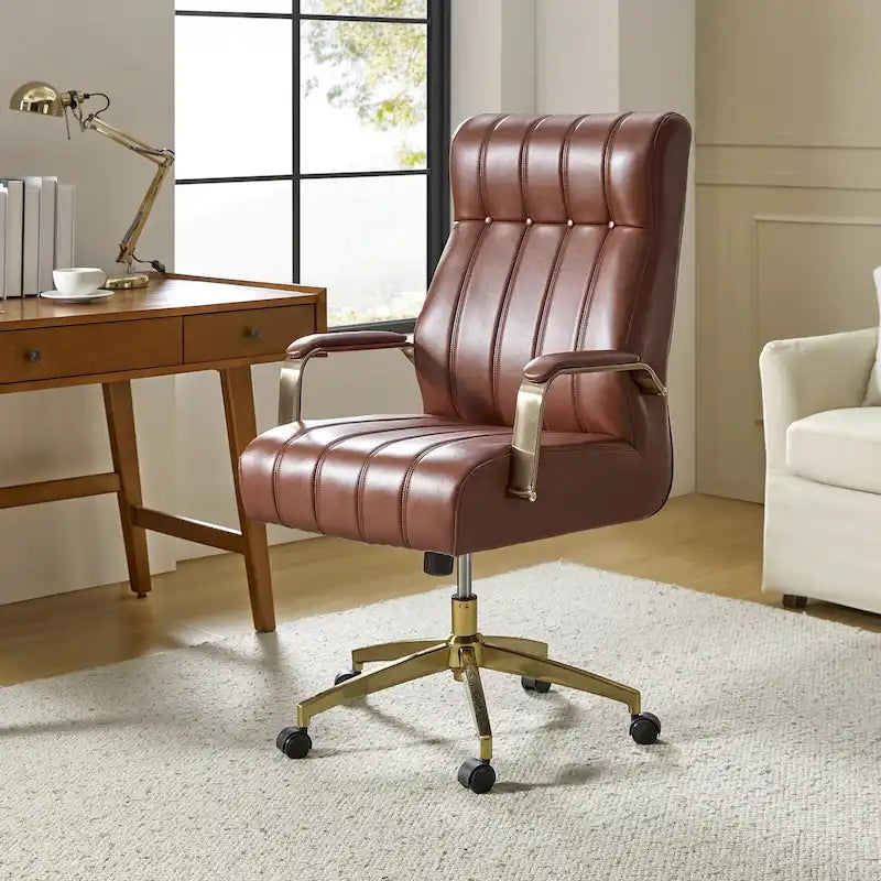 Mid-Century Modern Vegan Leather Swivel Tilting Office Chair with Channel Tufted and Metal Feet