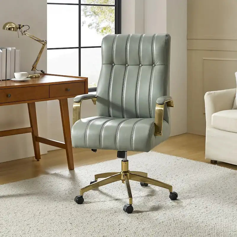 Mid-Century Modern Vegan Leather Swivel Tilting Office Chair with Channel Tufted and Metal Feet