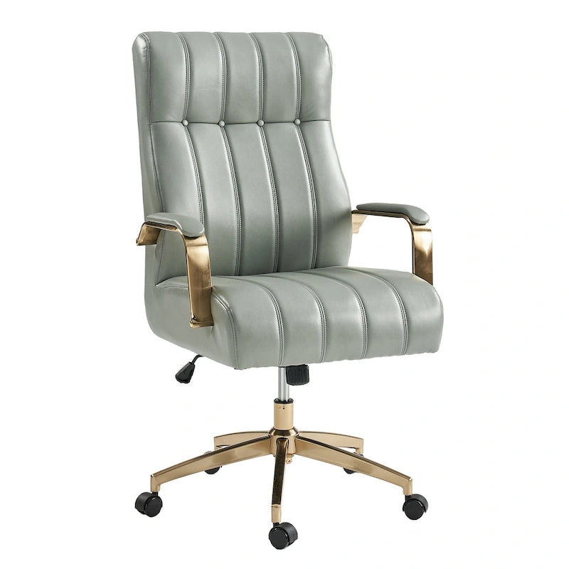 Mid-Century Modern Vegan Leather Swivel Tilting Office Chair with Channel Tufted and Metal Feet