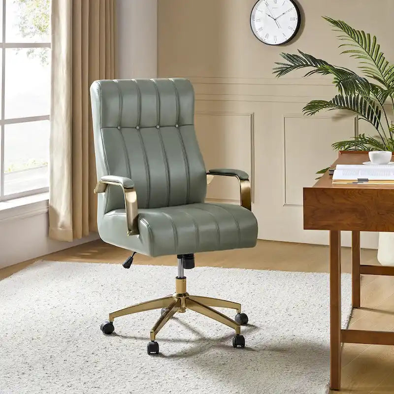 Mid-Century Modern Vegan Leather Swivel Tilting Office Chair with Channel Tufted and Metal Feet