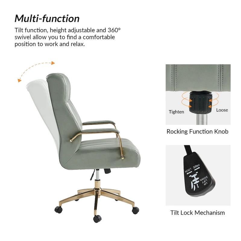 Mid-Century Modern Vegan Leather Swivel Tilting Office Chair with Channel Tufted and Metal Feet
