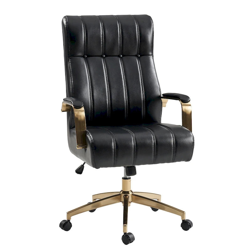 Mid-Century Modern Vegan Leather Swivel Tilting Office Chair with Channel Tufted and Metal Feet