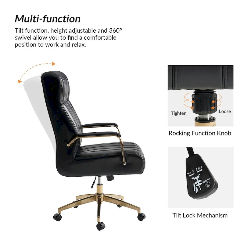 Mid-Century Modern Vegan Leather Swivel Tilting Office Chair with Channel Tufted and Metal Feet