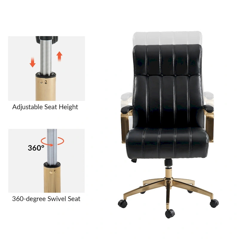 Mid-Century Modern Vegan Leather Swivel Tilting Office Chair with Channel Tufted and Metal Feet
