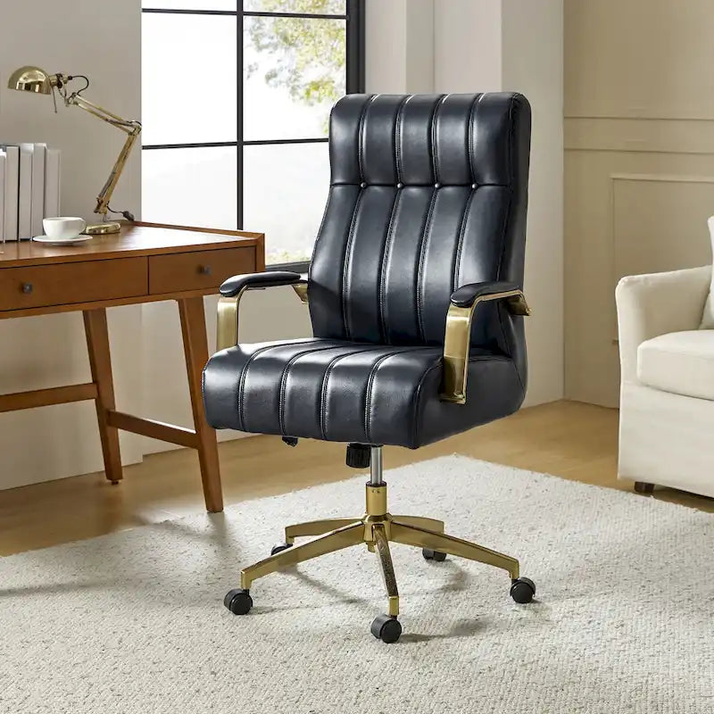 Mid-Century Modern Vegan Leather Swivel Tilting Office Chair with Channel Tufted and Metal Feet