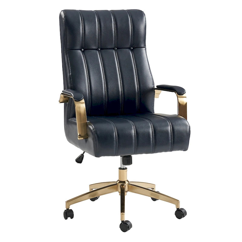 Mid-Century Modern Vegan Leather Swivel Tilting Office Chair with Channel Tufted and Metal Feet