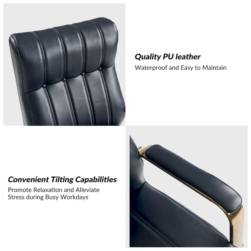 Mid-Century Modern Vegan Leather Swivel Tilting Office Chair with Channel Tufted and Metal Feet