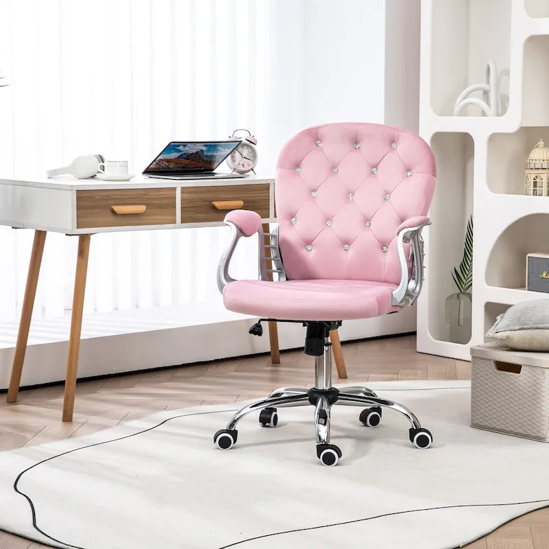 Vanity Middle Back Office Chair Tufted Backrest Swivel Rolling Wheels Task Chair with Height Adjustable Armrests