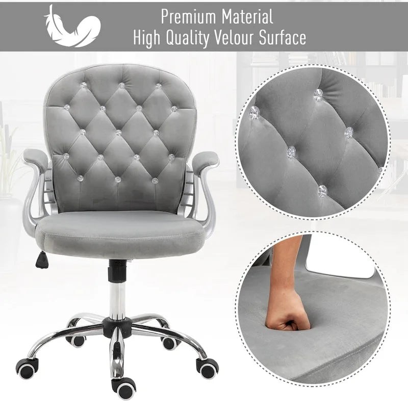 Vanity Middle Back Office Chair Tufted Backrest Swivel Rolling Wheels Task Chair with Height Adjustable Armrests