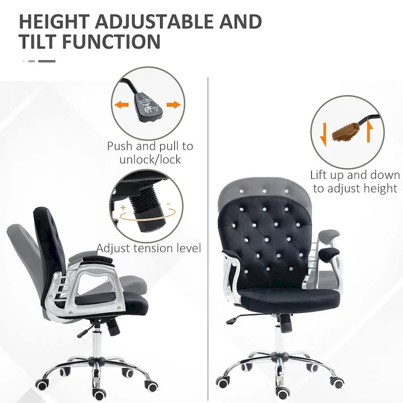 Vanity Middle Back Office Chair Tufted Backrest Swivel Rolling Wheels Task Chair with Height Adjustable Armrests