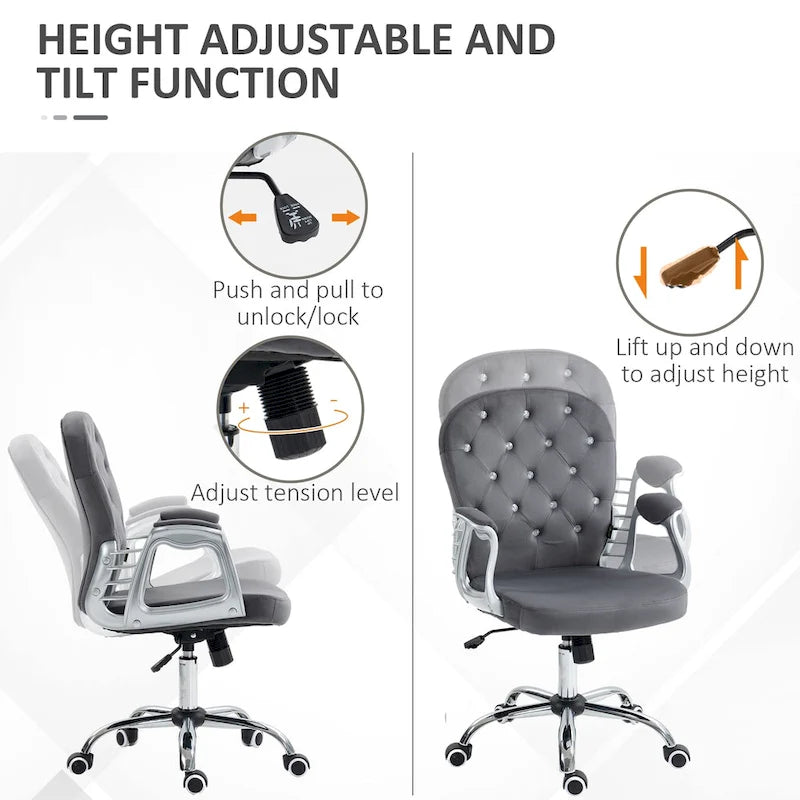 Vanity Middle Back Office Chair Tufted Backrest Swivel Rolling Wheels Task Chair with Height Adjustable Armrests