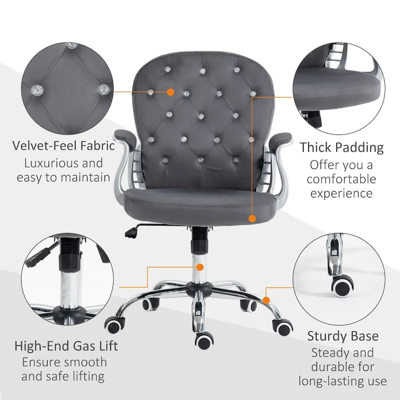 Vanity Middle Back Office Chair Tufted Backrest Swivel Rolling Wheels Task Chair with Height Adjustable Armrests
