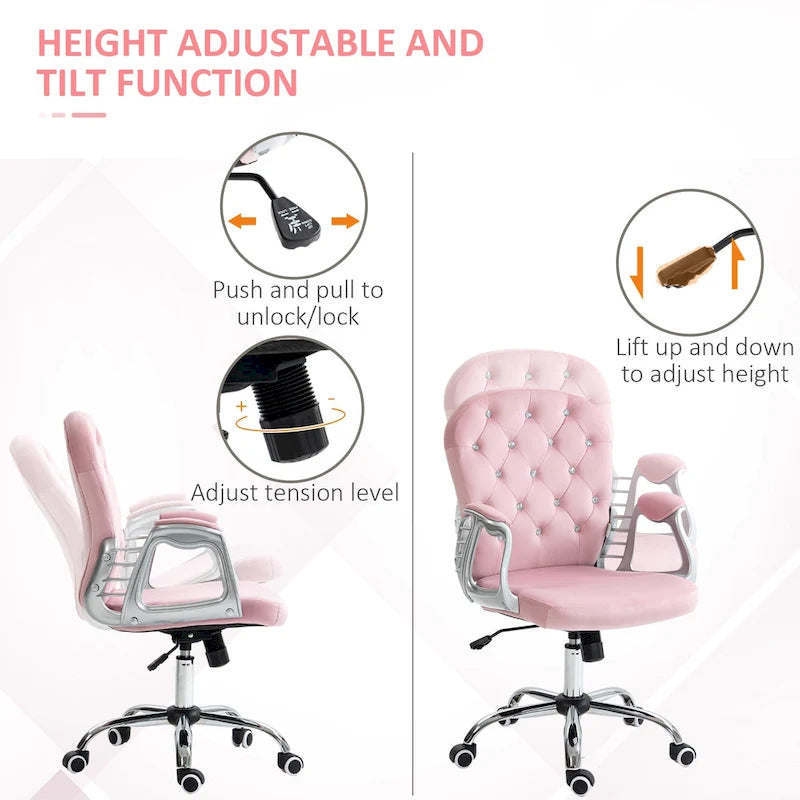 Vanity Middle Back Office Chair Tufted Backrest Swivel Rolling Wheels Task Chair with Height Adjustable Armrests