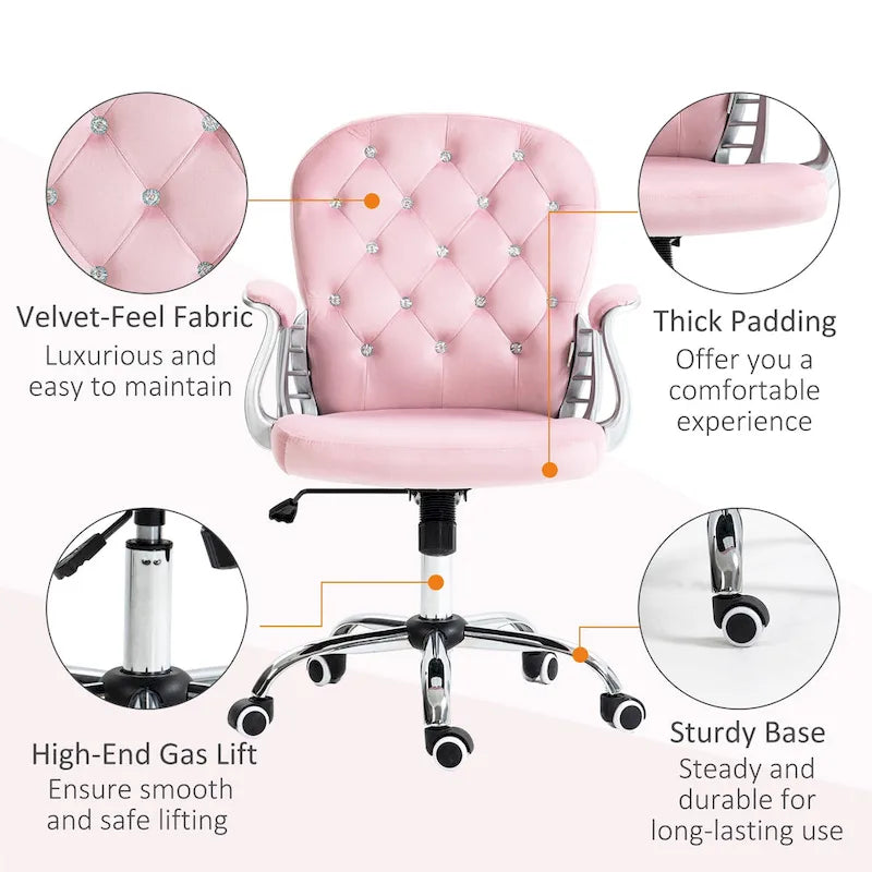 Vanity Middle Back Office Chair Tufted Backrest Swivel Rolling Wheels Task Chair with Height Adjustable Armrests
