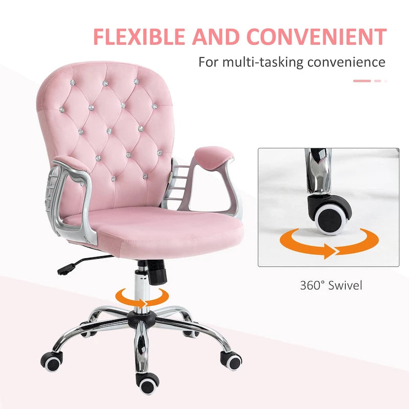 Vanity Middle Back Office Chair Tufted Backrest Swivel Rolling Wheels Task Chair with Height Adjustable Armrests