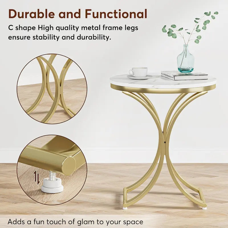 White Gold Side Table Round End Table Modern Small Coffee Table Accent C Table