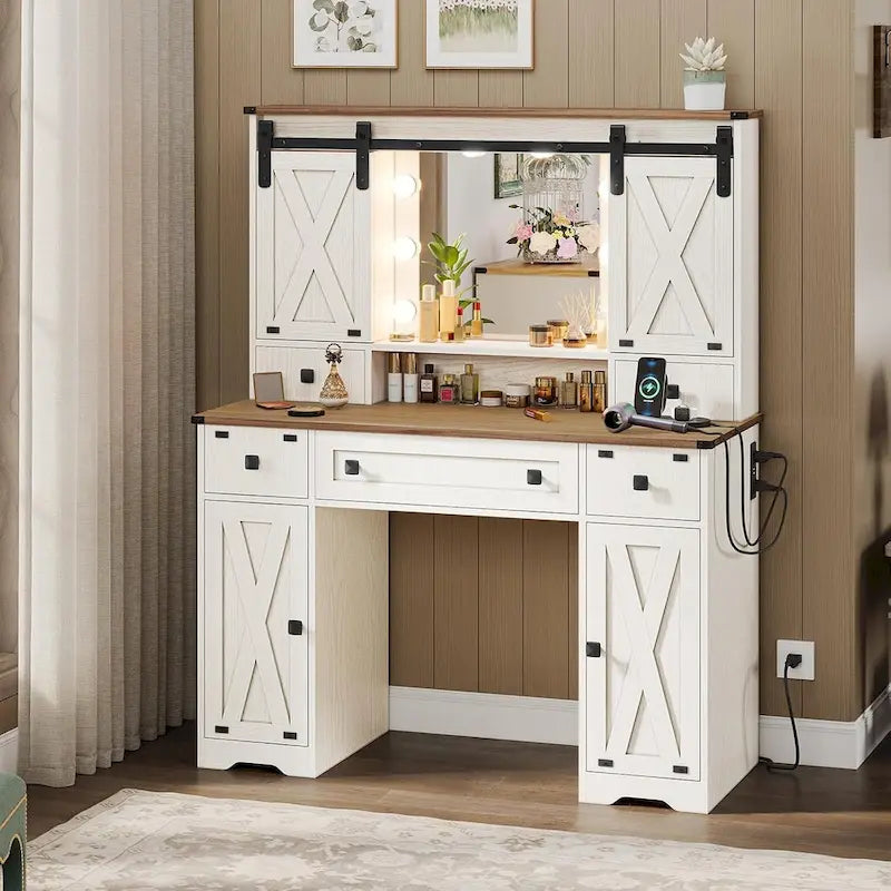 Makeup Vanity Desk with Large Hollywood Mirrors and Lights Bulb
