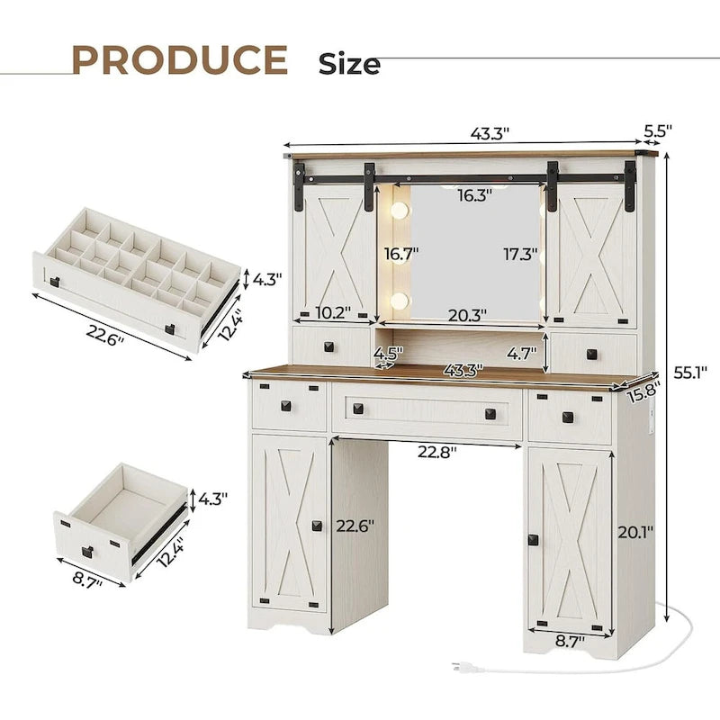 Makeup Vanity Desk with Large Hollywood Mirrors and Lights Bulb