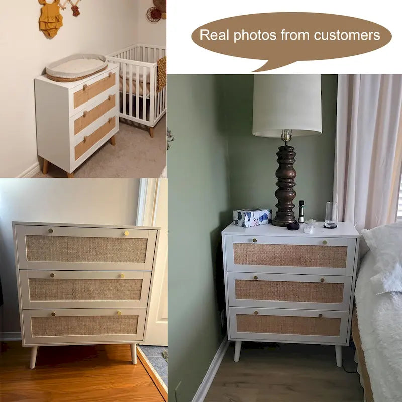 Mid-Century Modern 3-Drawer White Dresser Rattan Chest of Drawers Storage Organizer for Bedroom