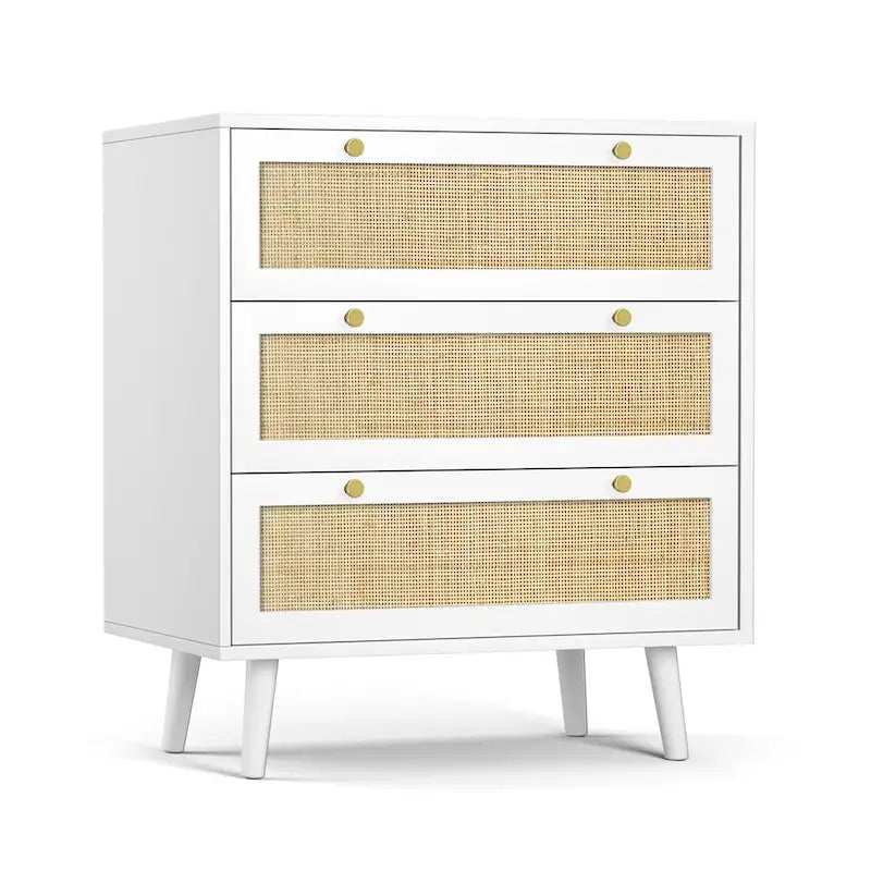 Mid-Century Modern 3-Drawer White Dresser Rattan Chest of Drawers Storage Organizer for Bedroom