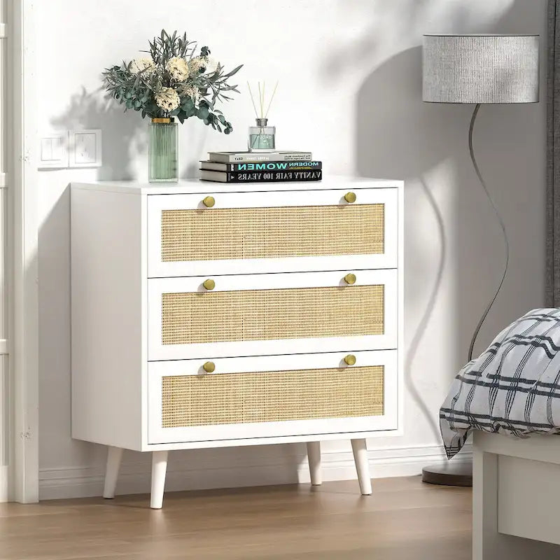 Mid-Century Modern 3-Drawer White Dresser Rattan Chest of Drawers Storage Organizer for Bedroom