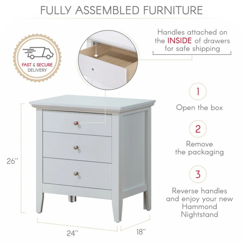Hammond 3 Drawer Nightstand, White