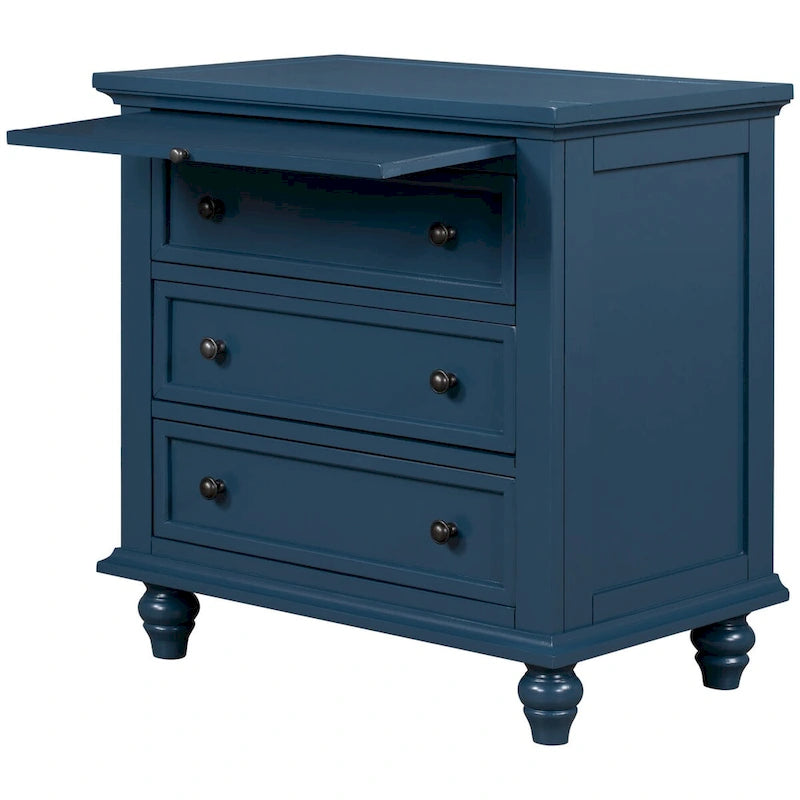 Solid Pine Wood End Table with Pull-out Tray and 3 Drawer, Easy Assembly