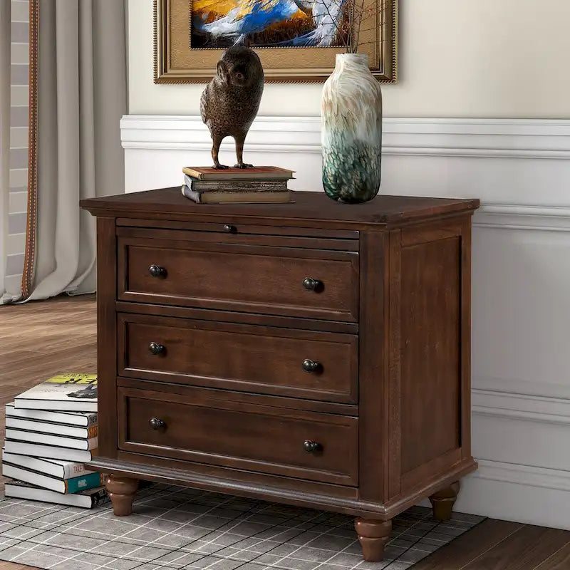 Solid Pine Wood End Table with Pull-out Tray and 3 Drawer, Easy Assembly