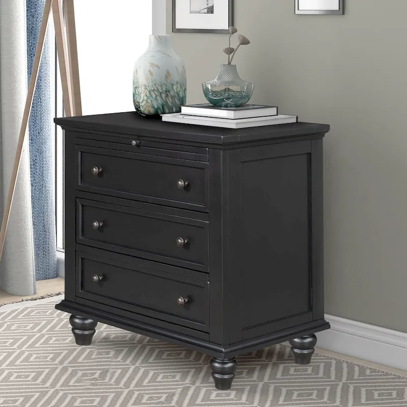 Solid Pine Wood End Table with Pull-out Tray and 3 Drawer, Easy Assembly