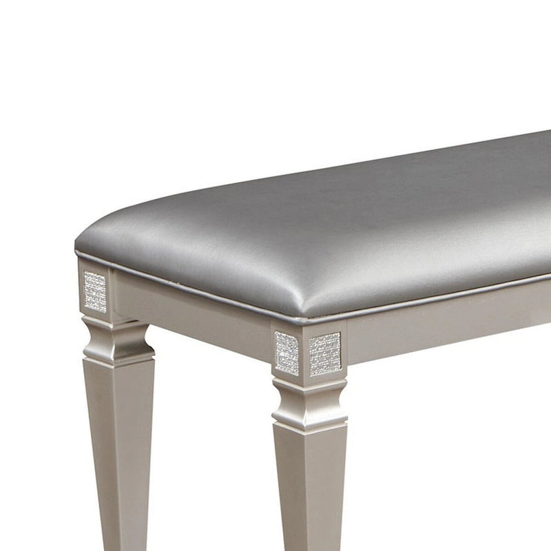 60 Inch Dining Bench, Sparkling Silver Gray Faux Leather, Wood Frame