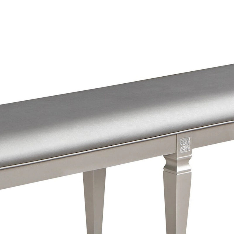 60 Inch Dining Bench, Sparkling Silver Gray Faux Leather, Wood Frame
