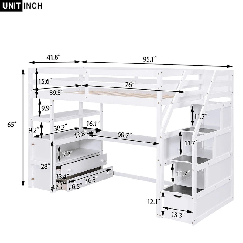 Twin Size Loft Bed with Desk and Shelves