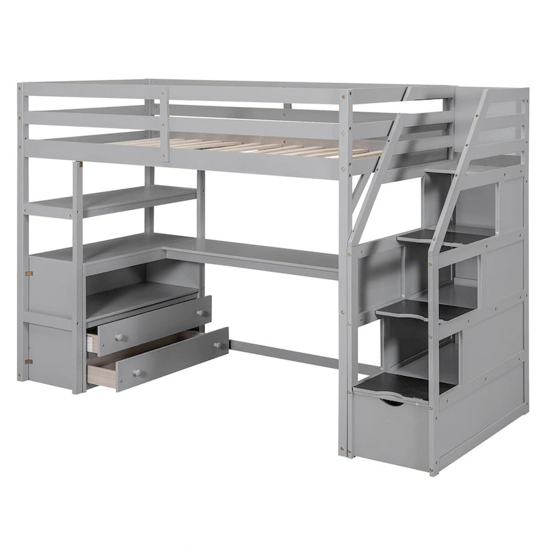 Twin Size Loft Bed with Desk and Shelves