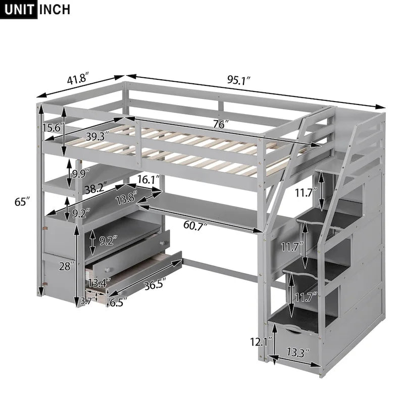Twin Size Loft Bed with Desk and Shelves