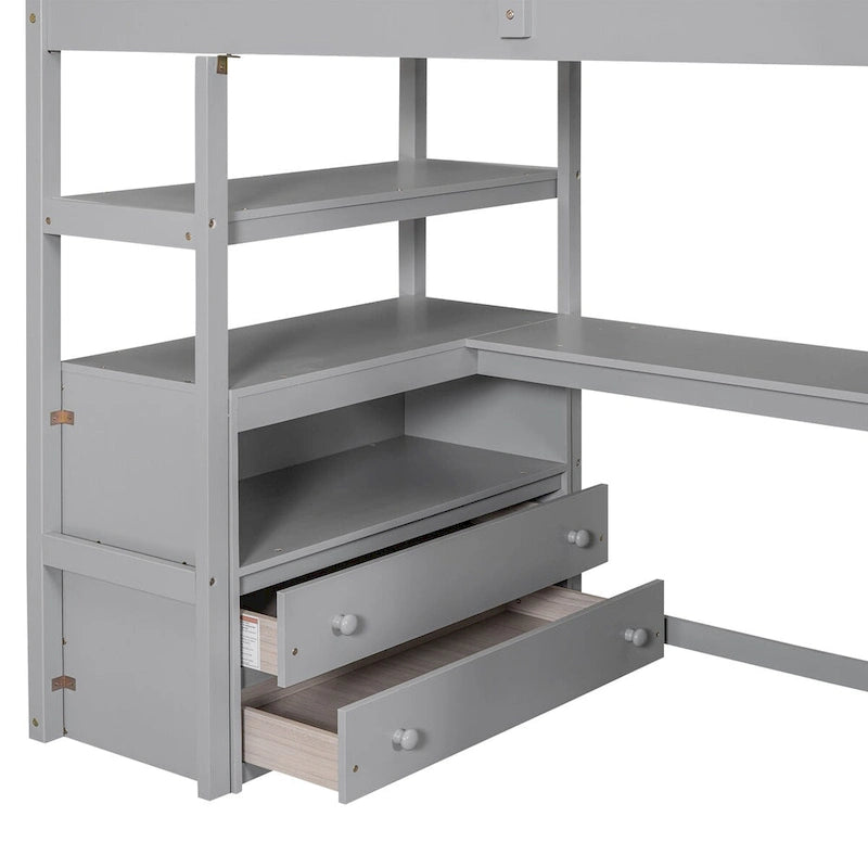 Twin Size Loft Bed with Desk and Shelves