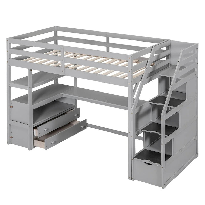 Twin Size Loft Bed with Desk and Shelves