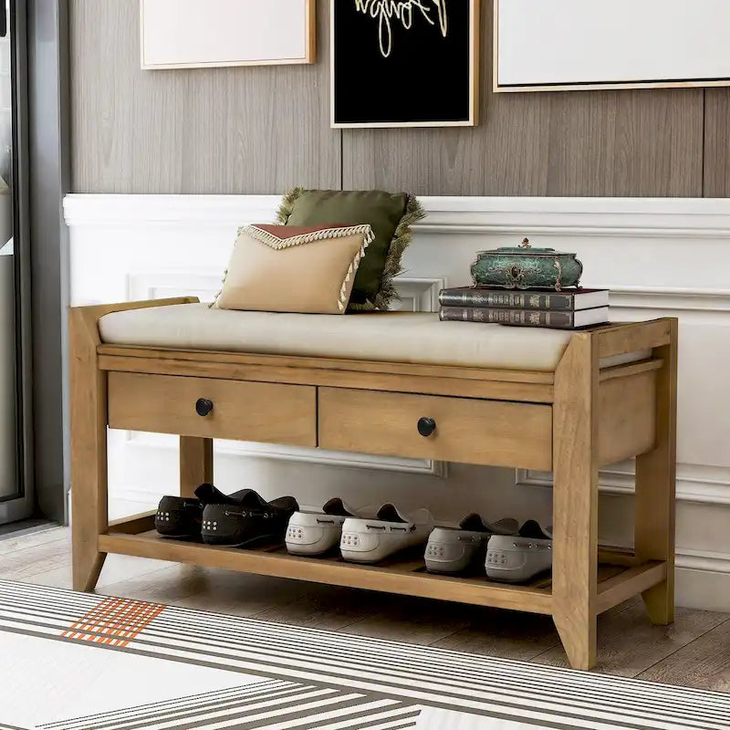 Shoe Rack with Cushioned Seat and Drawers, Multipurpose Entryway Storage Bench (Antique Navy)