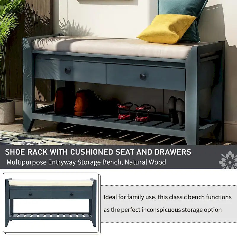 Shoe Rack with Cushioned Seat and Drawers, Multipurpose Entryway Storage Bench (Antique Navy)